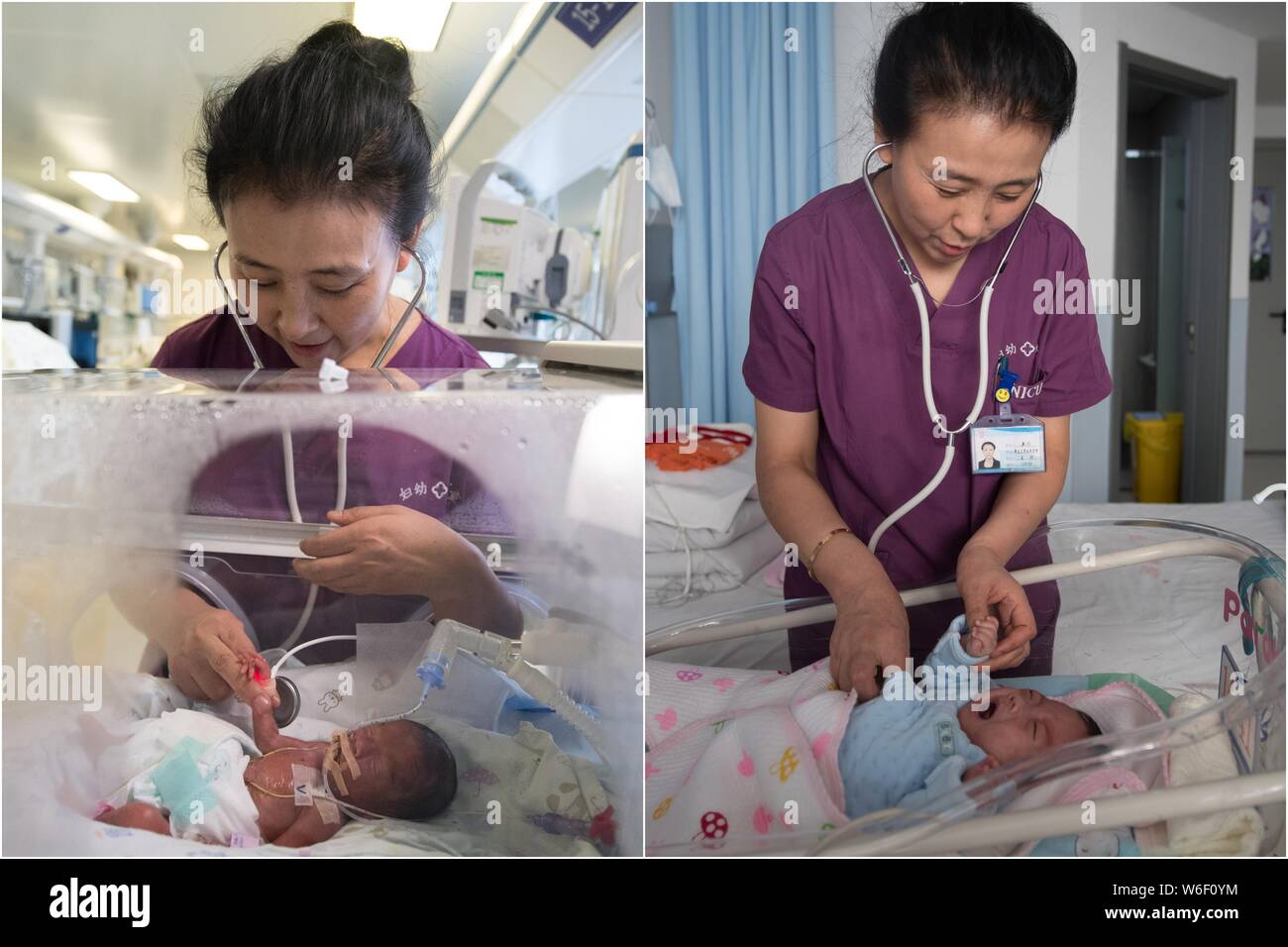 La Photo Montre Un Medecin Composite Mesurant Le Bebe Premature Nomme Chen Yuanmeng Ne A 24 Semaines A L Interieur D Un Incubateur A Gauche Et En Bonne Sante Apres Photo Stock Alamy