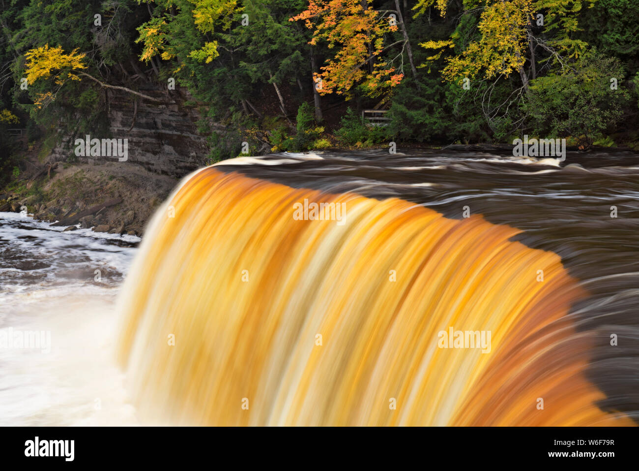 Tahquemenon la rivière avec son eau couleur ambre de tanin naturels trouvés en cascade sur Tahqemenon tombe dans la Péninsule Supérieure du Michigan. Banque D'Images