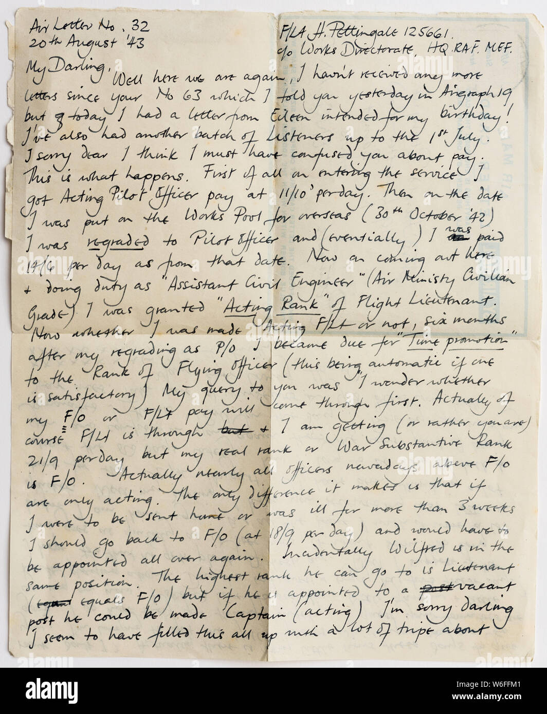 Lettre manuscrite, WW2 période. Banque D'Images