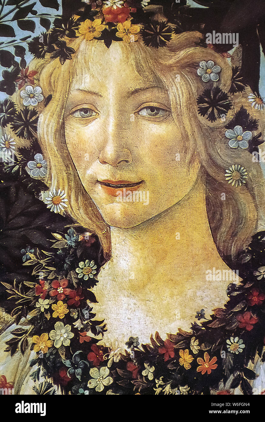 Galerie des Offices de Florence Toscane Italie - Sandro Botticelli " La Primavera " Détail de la flore déesse de la floraison Banque D'Images