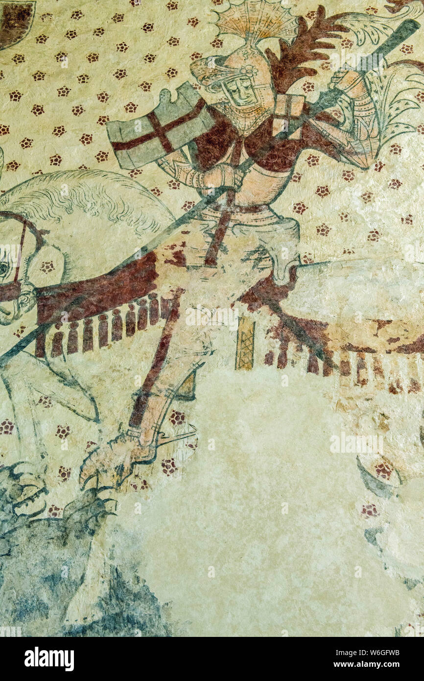 Les belles peintures rupestres découvertes sur les murs de l'église St Cadocs de Llancarvan, Ile-de-Galles du Sud. Banque D'Images