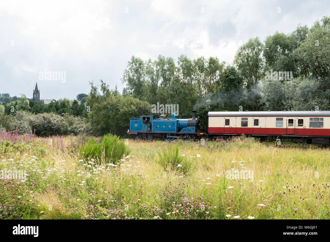 Chemin de fer patrimonial Bo'Ness et Kinneil - chemin de fer Caledonian 439 classe n° 419 traversant la réserve naturelle de Kinneil, Bo'Ness, Écosse, Royaume-Uni Banque D'Images