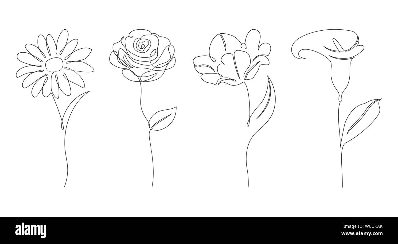Série de fleurs sur fond blanc. Un style de dessin de la ligne. Illustration de Vecteur