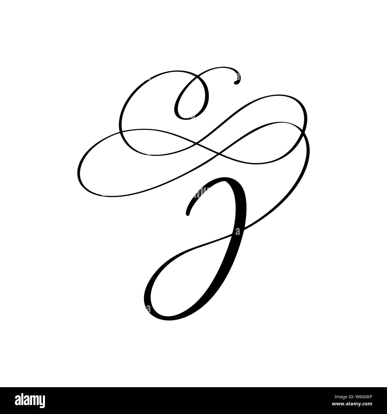 Hand Drawn Vector floral calligraphiques ou monogramme J logo. La lettre majuscule Lettrage J avec tourbillons et curl. Wedding Floral Design Illustration de Vecteur