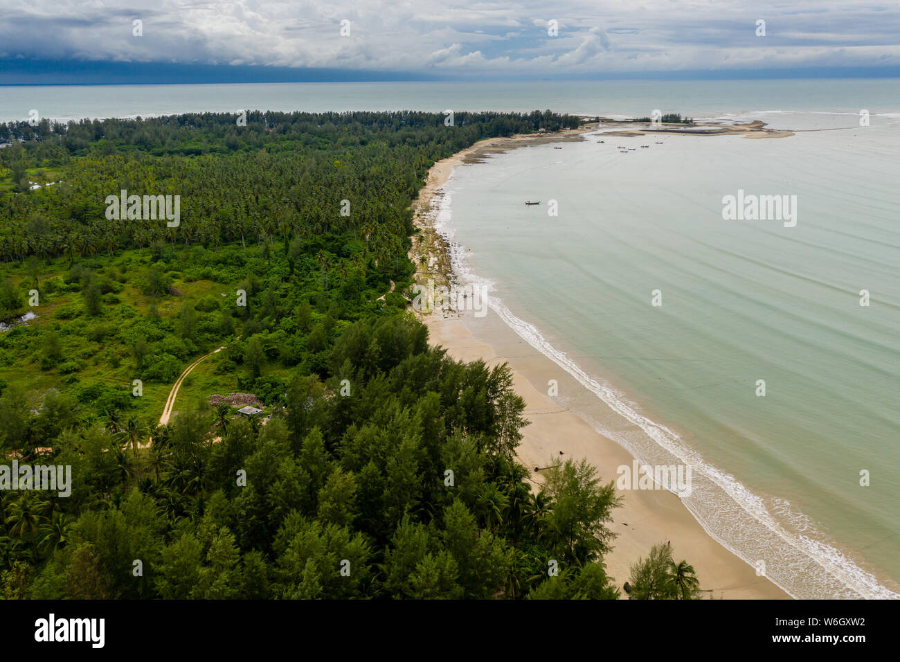 Vue aérienne d'une belle plage de sable tropicale, vide et palmiers (Coconut Beach, Khao Lak, Thaïlande) Banque D'Images