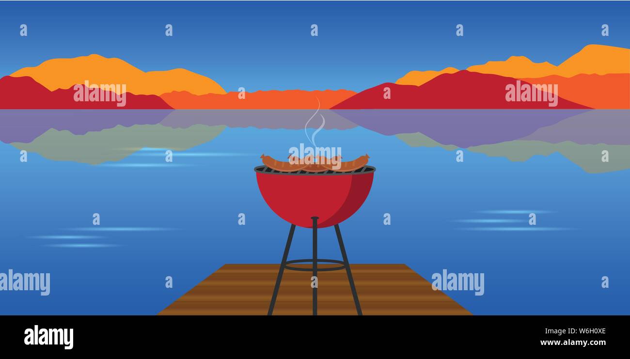 Barbecue d'automne par le lac avec vue sur la montagne vector illustration EPS10 Illustration de Vecteur