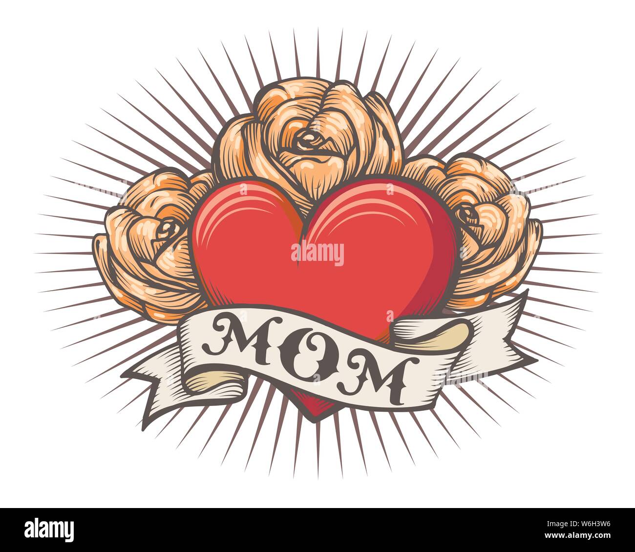 Retro tatouage de coeur avec fleurs rose et ruban avec libellé maman. Tattooector Retro illustration Illustration de Vecteur
