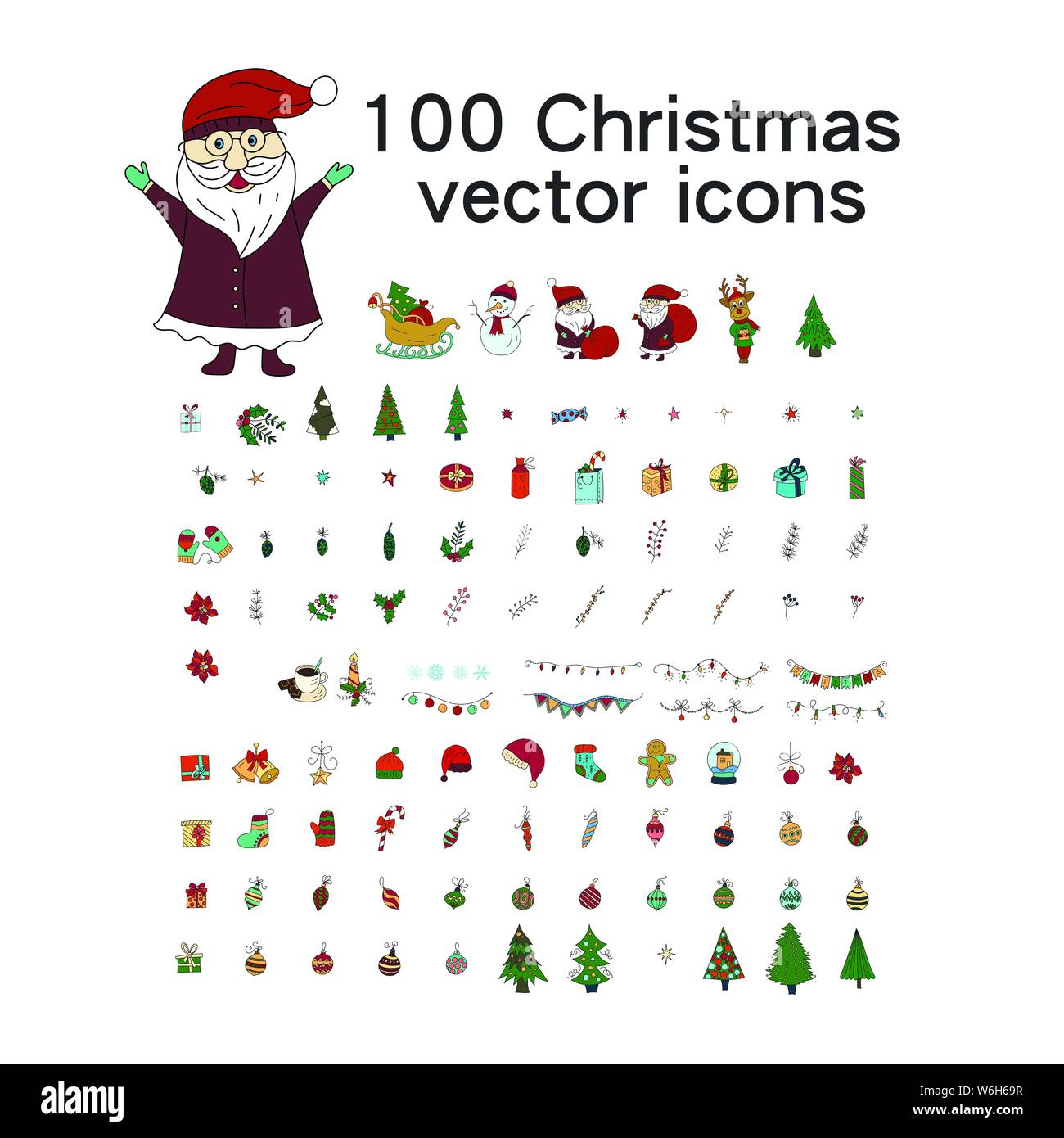 Grand Noël icon set. 100 icônes handdrawn d'hiver. Logo Vector, emblèmes, dessins et modèles. Utilisable pour des bannières, des cartes de vœux, cadeaux etc. Illustration de Vecteur