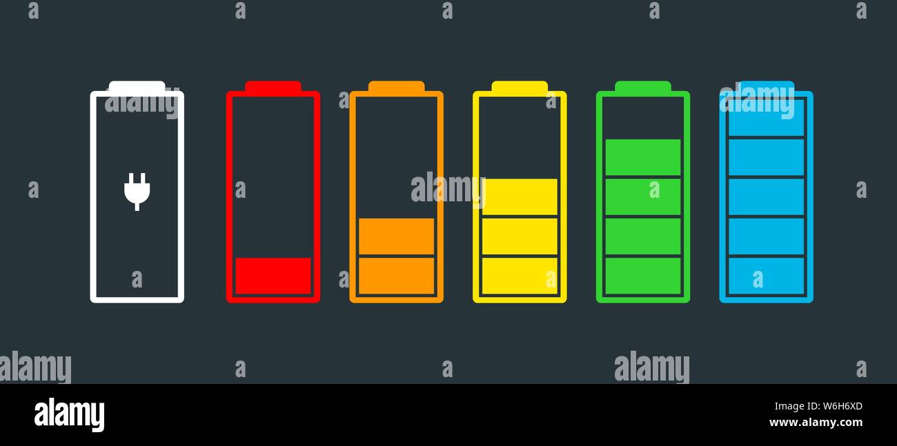 Icônes de l'indicateur de charge de la batterie définies. Niveau de charge puissance maximale faible à élevée et prise électrique. Gadget eps état de l'énergie alcaline illustration vectorielle plate Illustration de Vecteur