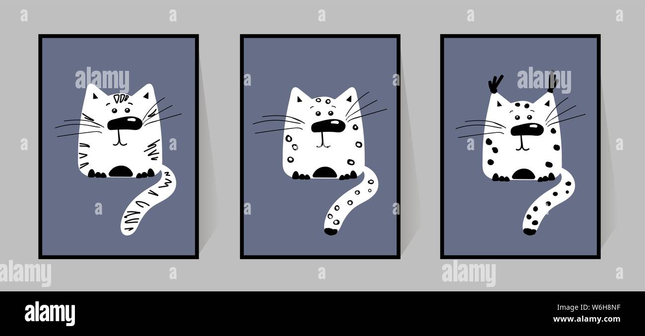 Snow Leopard, tigre blanc et le lynx. Funny cartoon animaux. Caractères dans doodle style. Ensemble d'affiches monochromes pour décor de mur dans la pépinière. Pour pr Illustration de Vecteur