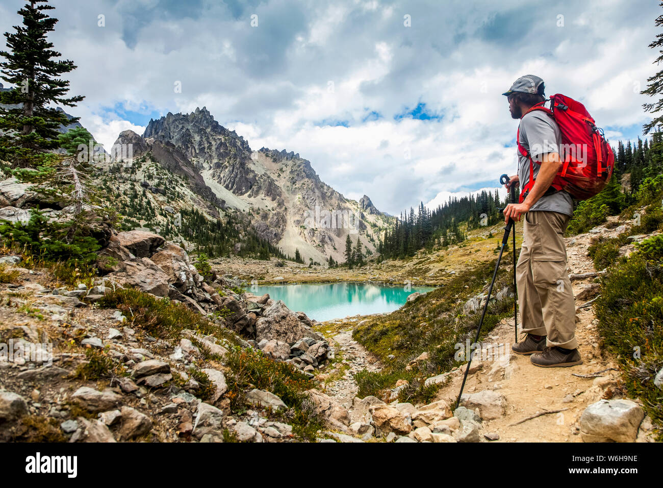 Male hiker en admirant la vue de la partie supérieure du bassin, le Mont Royal et Clark les aiguilles, les montagnes Olympiques, Olympic National Park Banque D'Images