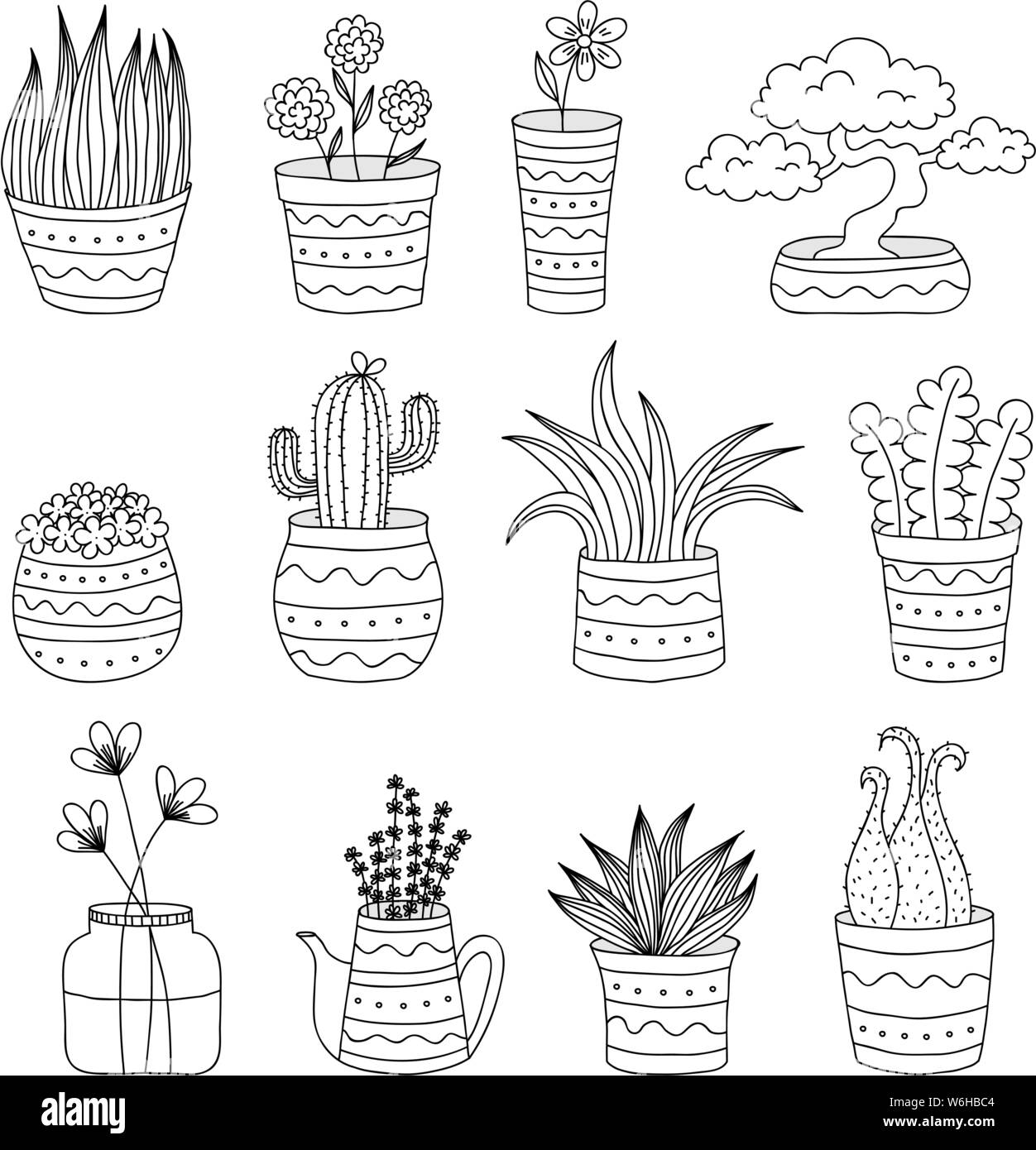 Collection de 12 pots de fleurs doodle avec diverses plantes, convient pour la coloration Illustration de Vecteur