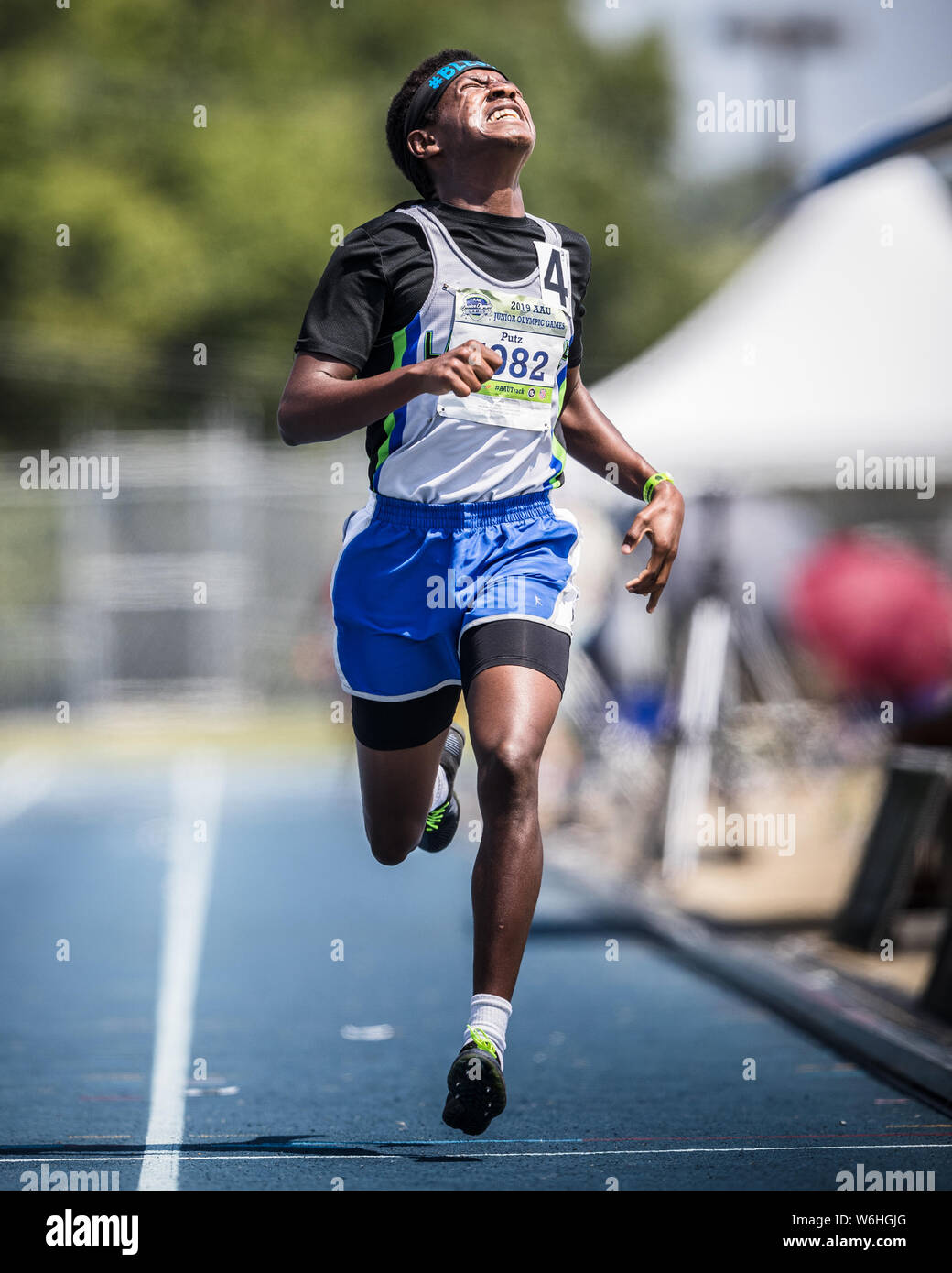 Greensboro, North Carolina, USA. 06Th Aug 2019. 1 août 2019 : Amanuel Putz établit un record national gagner les garçons 1500 mètres exécuter 12 ans division dans les 2019 Jeux Olympiques Junior l'AUA à BB&T Stadium de Greensboro, Caroline du Nord. Putz a terminé avec un temps record de 4:18.10. Prentice C. James/CSM Crédit : Cal Sport Media/Alamy Live News Banque D'Images