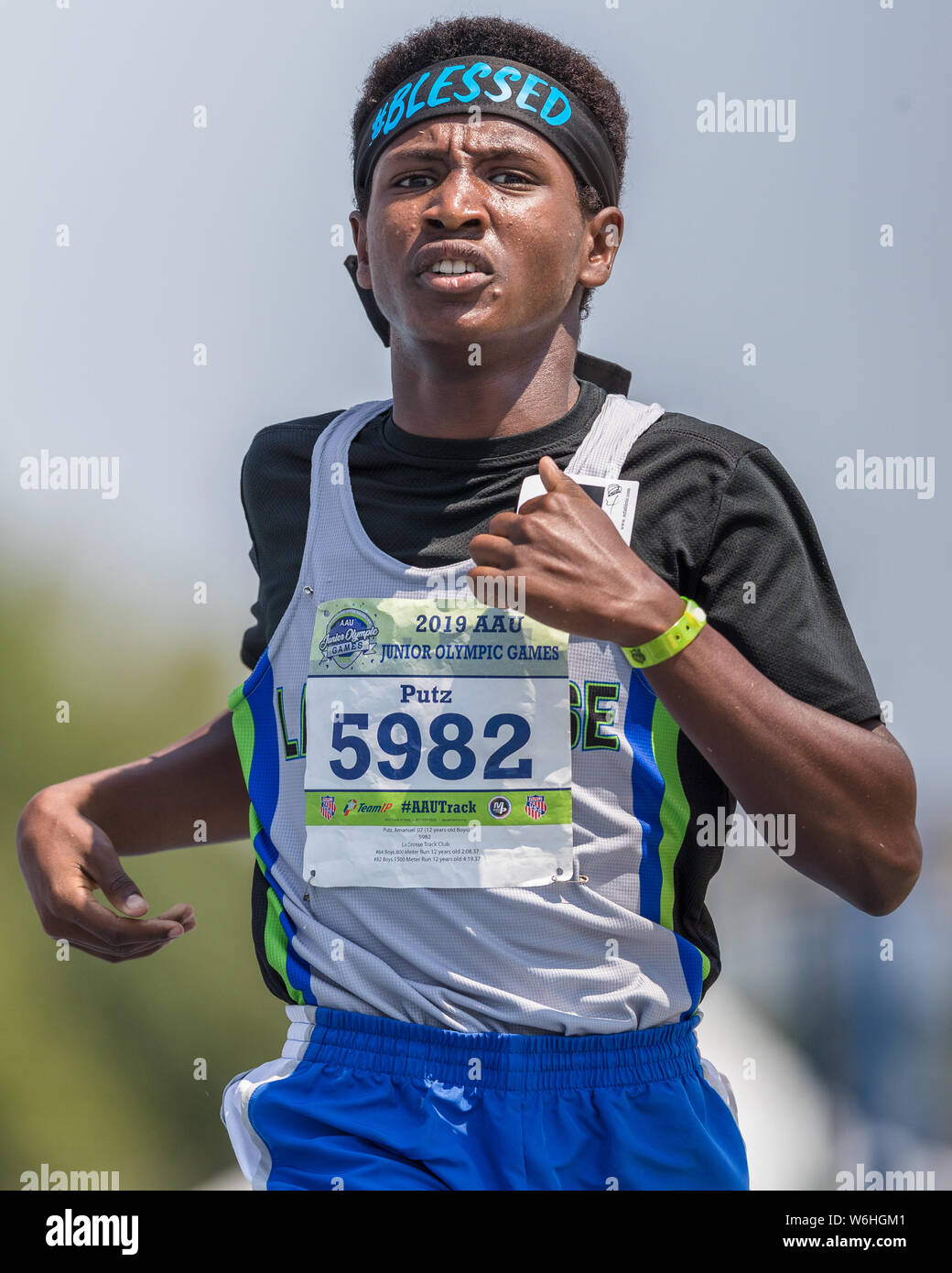 Greensboro, North Carolina, USA. 06Th Aug 2019. 1 août 2019 : Amanuel Putz établit un record national gagner les garçons 1500 mètres exécuter 12 ans division dans les 2019 Jeux Olympiques Junior l'AUA à BB&T Stadium de Greensboro, Caroline du Nord. Putz a terminé avec un temps record de 4:18.10. Prentice C. James/CSM Crédit : Cal Sport Media/Alamy Live News Banque D'Images