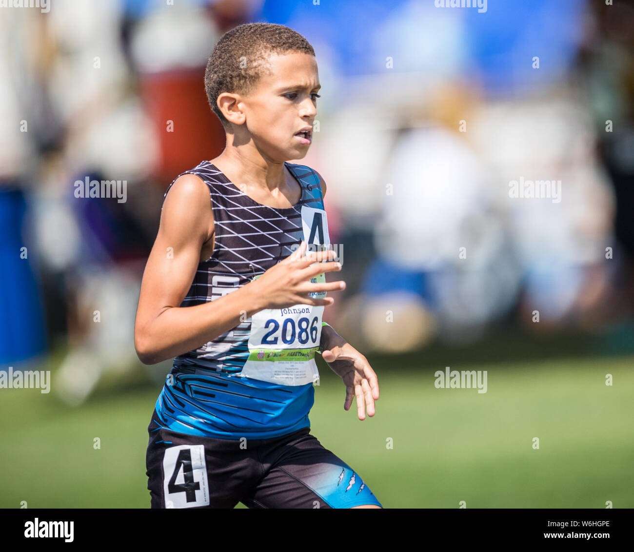 Greensboro, North Carolina, USA. 06Th Aug 2019. 1 août 2019 : Drew Johnson participe à l'exécution de 1 500 mètres Garçons 11 ans division dans les 2019 Jeux Olympiques Junior l'AUA à BB&T Stadium de Greensboro, Caroline du Nord. Prentice C. James/CSM Crédit : Cal Sport Media/Alamy Live News Banque D'Images