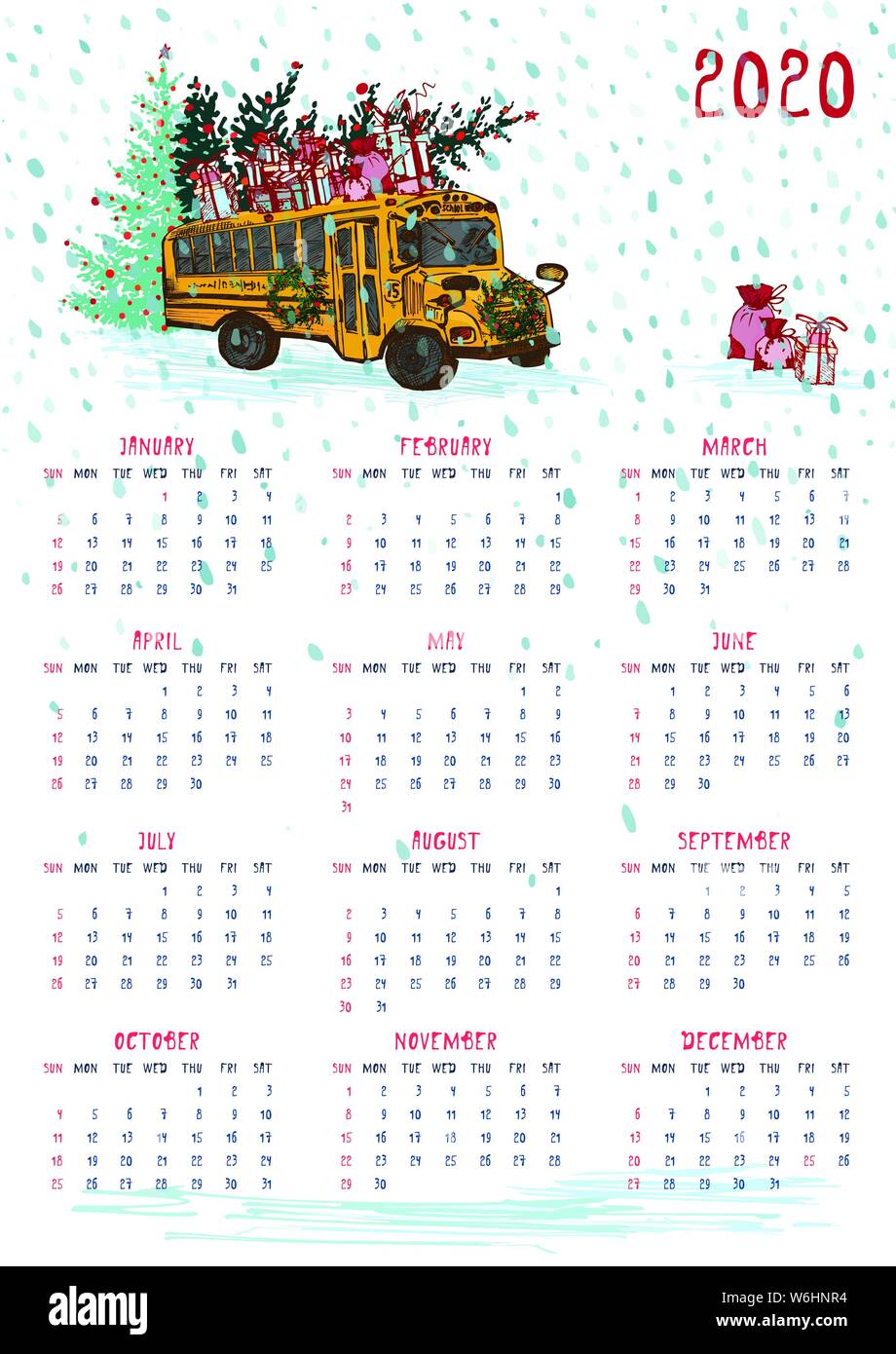Calendrier 2020 avec bus scolaire jaune, arbre du nouvel an et cadeaux de fête la semaine commence le dimanche. Echelle A4. Illustration de Vecteur