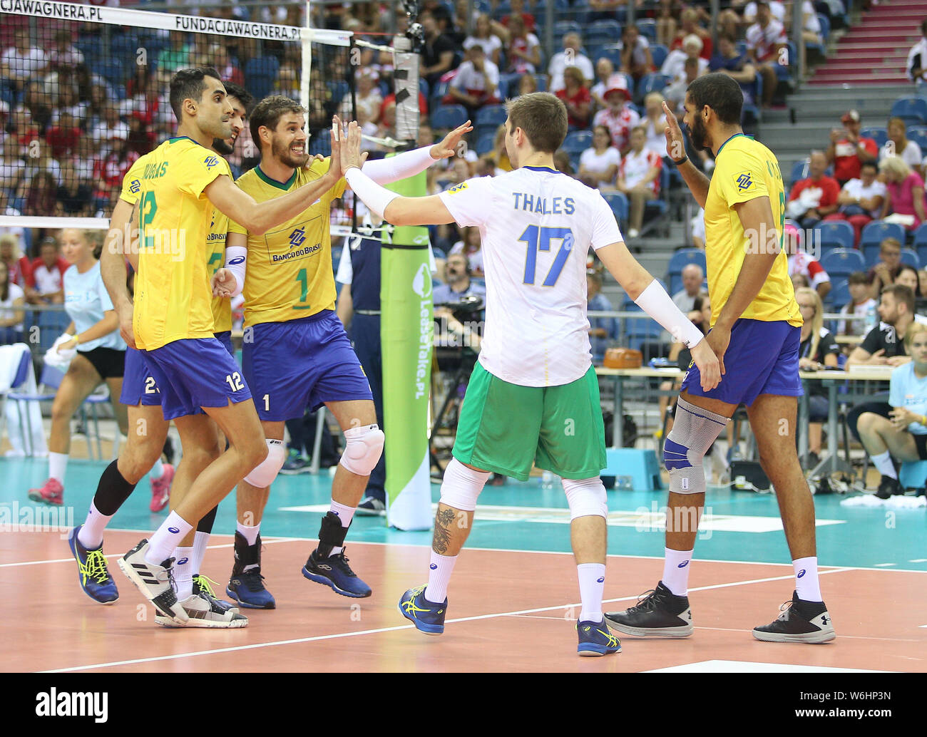 Équipe de Brasil vu pendant le match entre le Brésil et la Finlande. Hubert Wagner Memorial est un tournoi amical de volley-ball joué avec la participation des équipes nationales afin de commémorer l'encours de volley-ball polonaise formateur. Banque D'Images