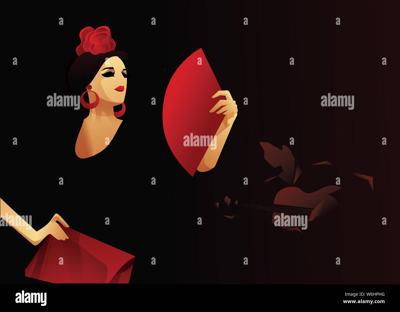 Danseuse de flamenco espagnol avec ventilateur avec le guitariste dans l'accompagnement. Conception soirée flamenco Banque D'Images