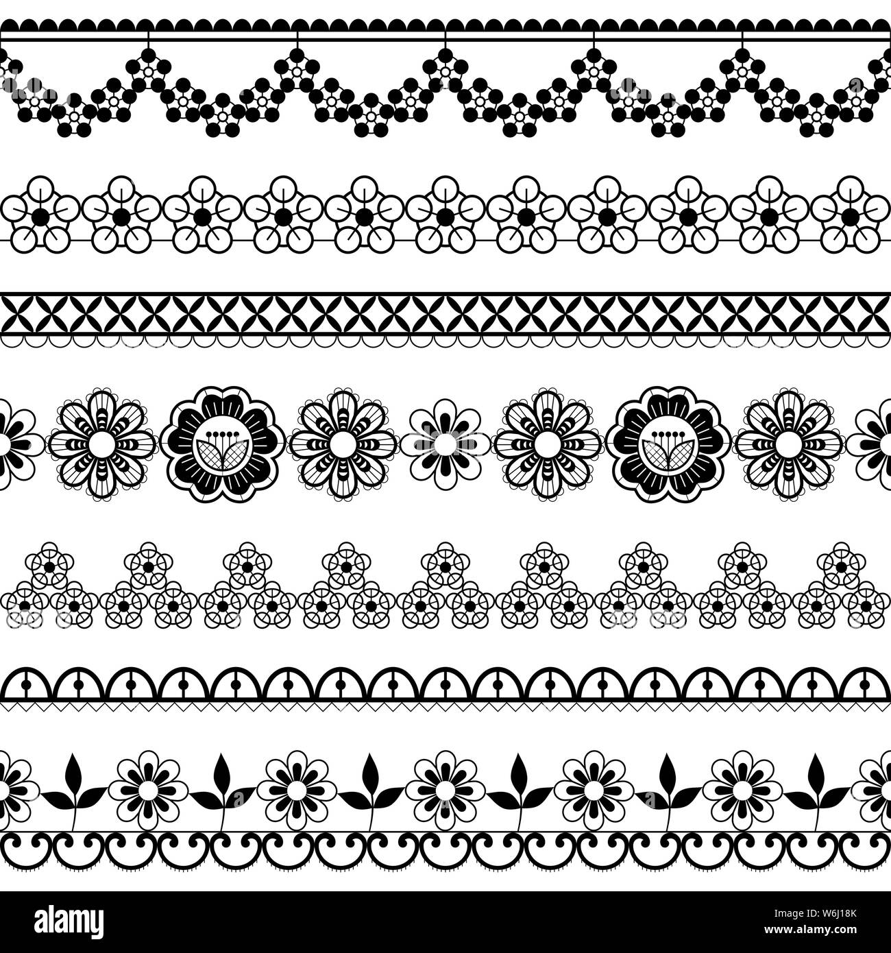 Mariage Vintage lace pattern set vectoriel continu, avec des fleurs d'ornement design répétitif et fait tournoyer en noir sur blanc Illustration de Vecteur