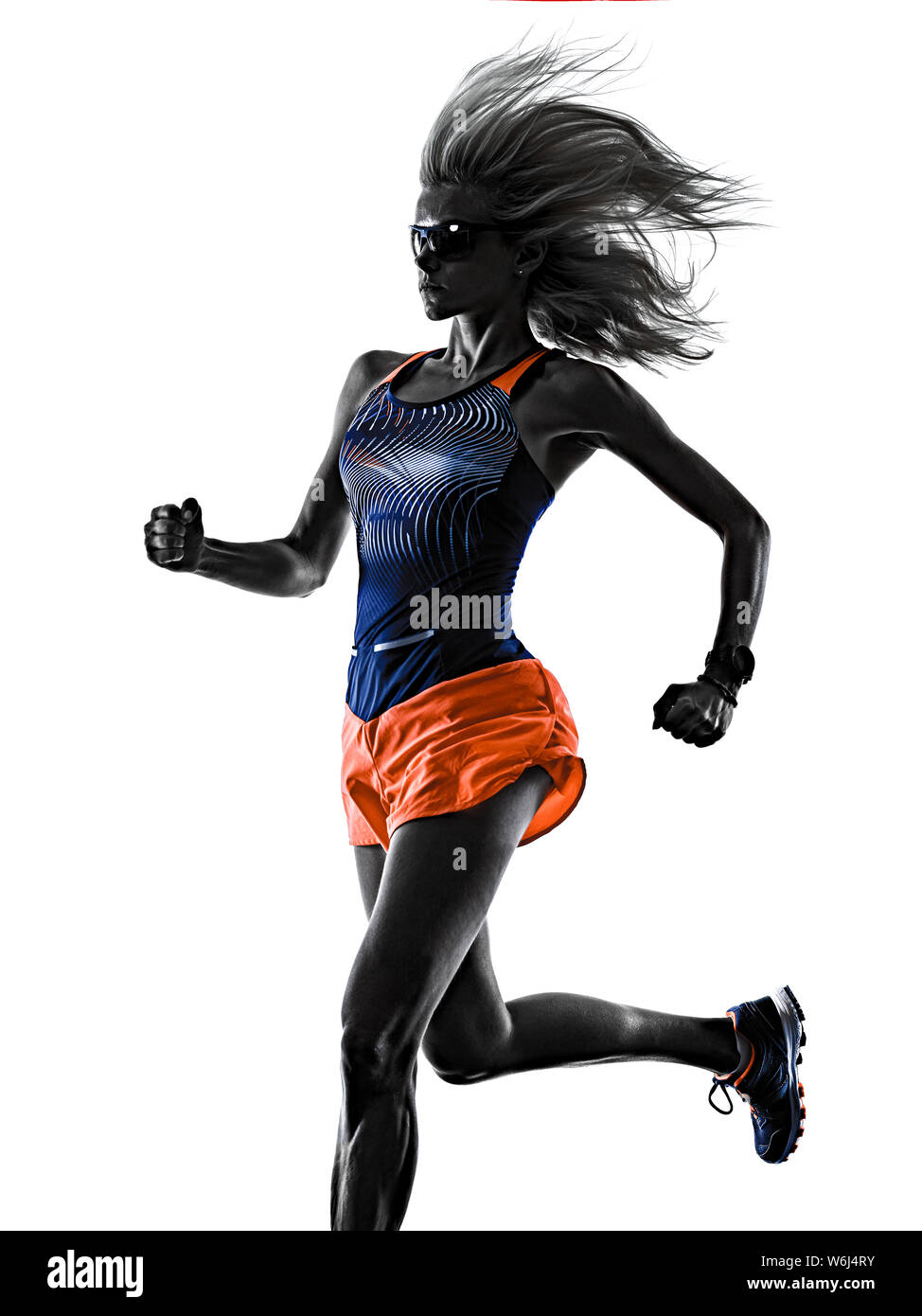 Une belle race blanche longue chevelure blonde woman runner jogger running jogging studio shot isolé sur fond blanc Banque D'Images