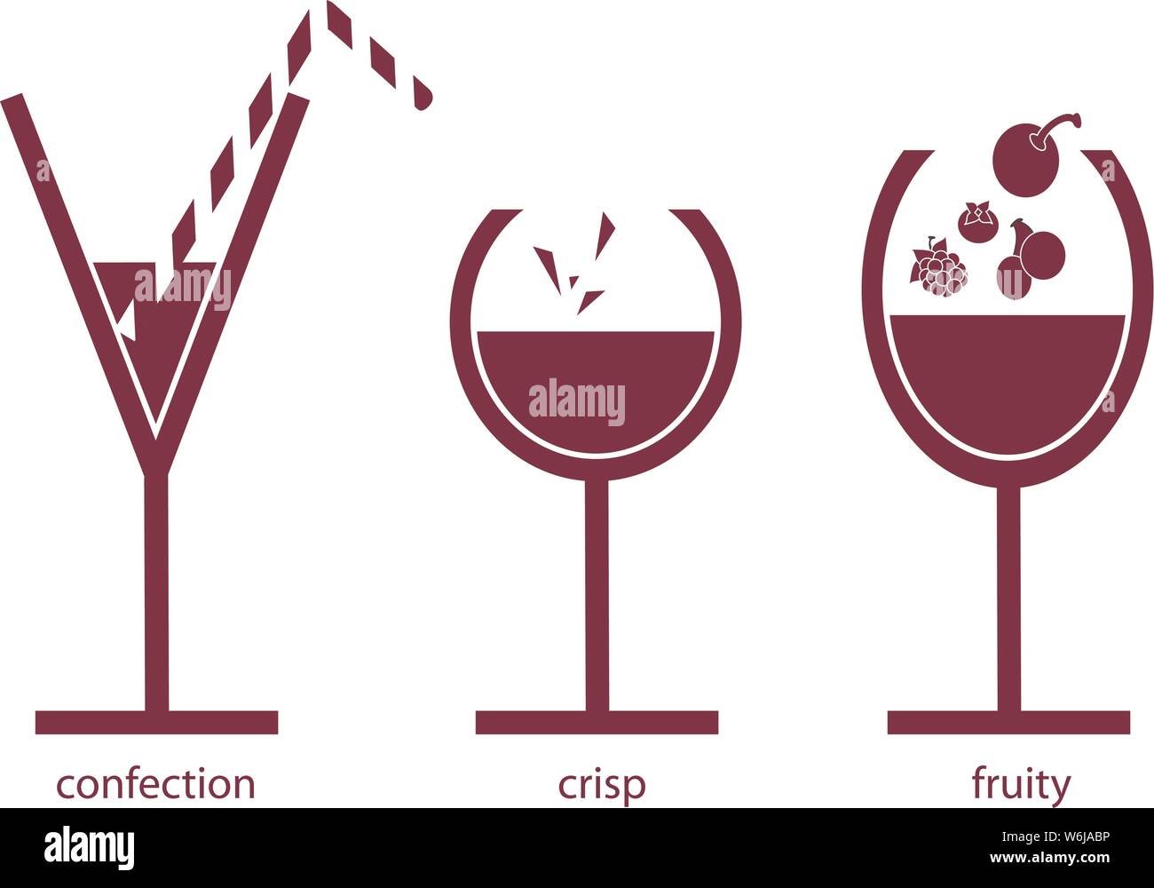 Saveurs du vin, fruits et vins effervescents représentés graphiquement avec des paillettes et une paille en forme d'une icône Illustration de Vecteur