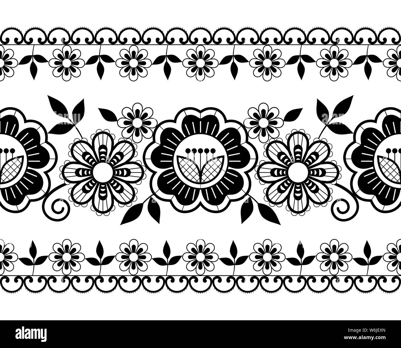 Motif dentelle mariage sans ornement, design noir et blanc avec des roses, des fleurs et des vagues, des motifs de dentelle Illustration de Vecteur