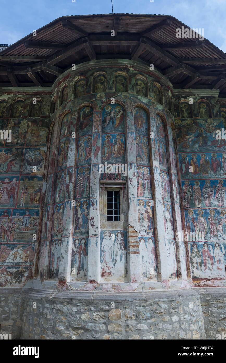 Des fresques murales au monastère de Humor, Eglise Orthodoxe Adormirea Église, le couvent orthodoxe, Site du patrimoine mondial de l'UNESCO, monastères moldaves Banque D'Images