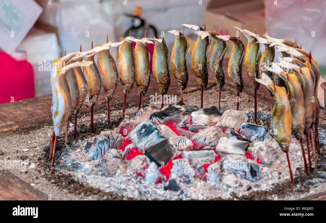 Les poissons grillés sur le feu à un food, Hanami Fest, le parc Ueno, Tokyo, Japon Banque D'Images