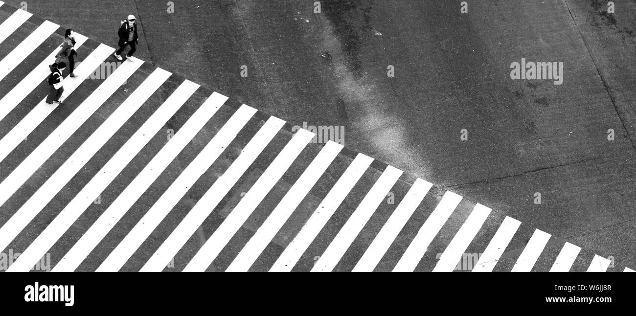 Croisement de Shibuya, passage à niveau, trois passages pour piétons Long, noir et blanc, Shibuya, Tokyo, Japon, Udagawacho Banque D'Images