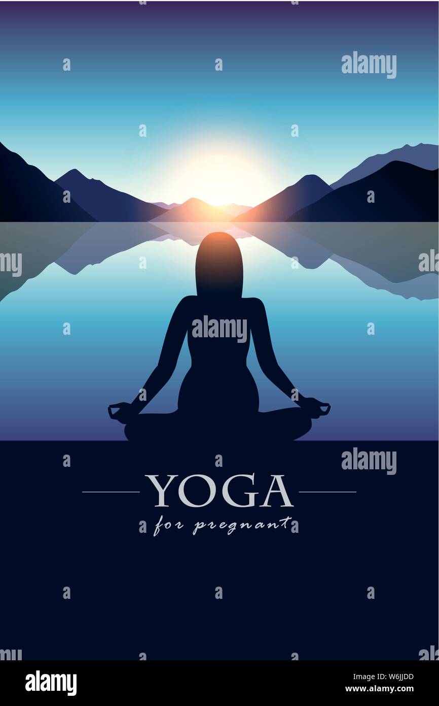 Yoga pour femmes enceintes par la silhouette avec le lac de montagne bleu illustration vecteur EPS10 Illustration de Vecteur
