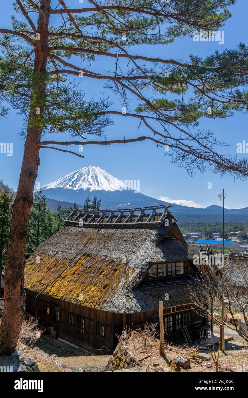 Musée en plein air Iyashinosato, vieux village japonais avec un toit traditionnel en chaume, maison du volcan retour Mt. Fuji, Japon, Fujikawaguchiko Banque D'Images