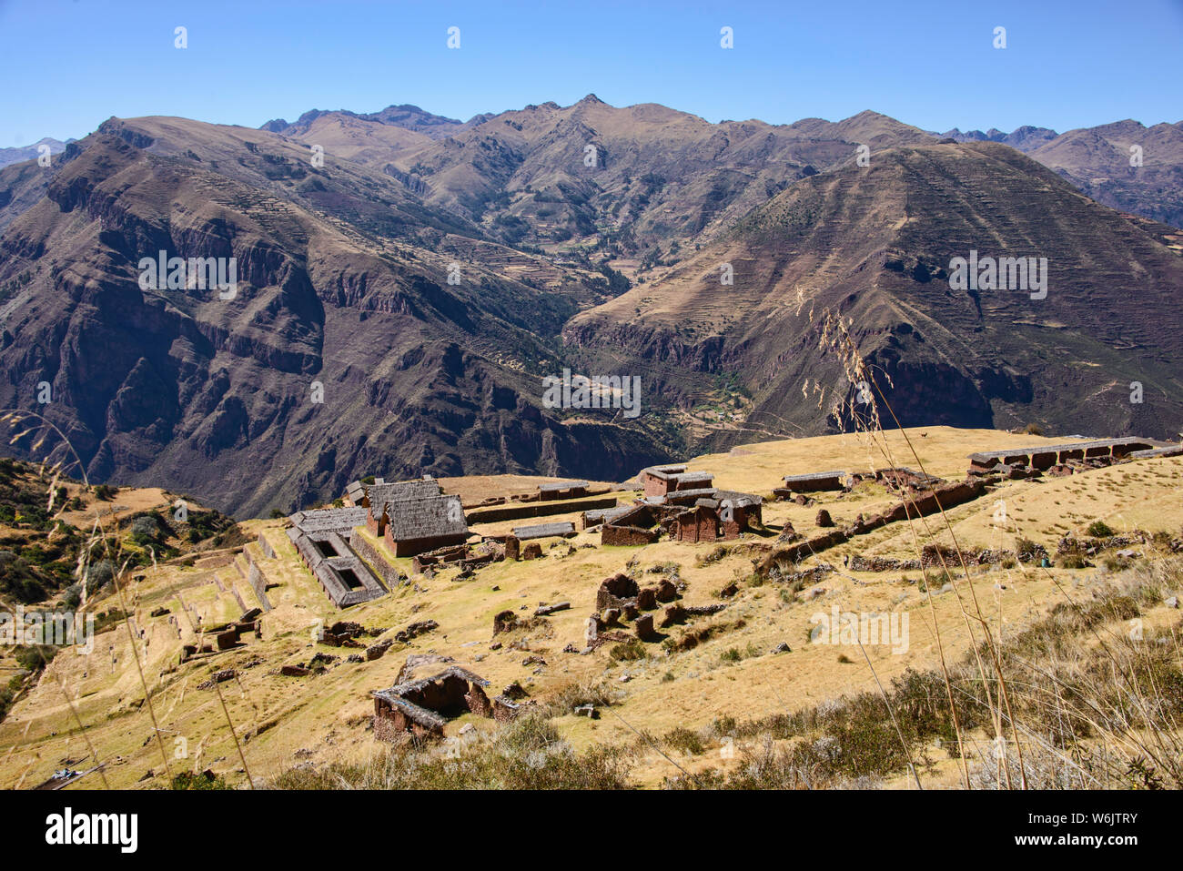 Les ruines Incas de Huchuy Qosqo ('Petit') Cuzco, Vallée Sacrée, Pérou Banque D'Images