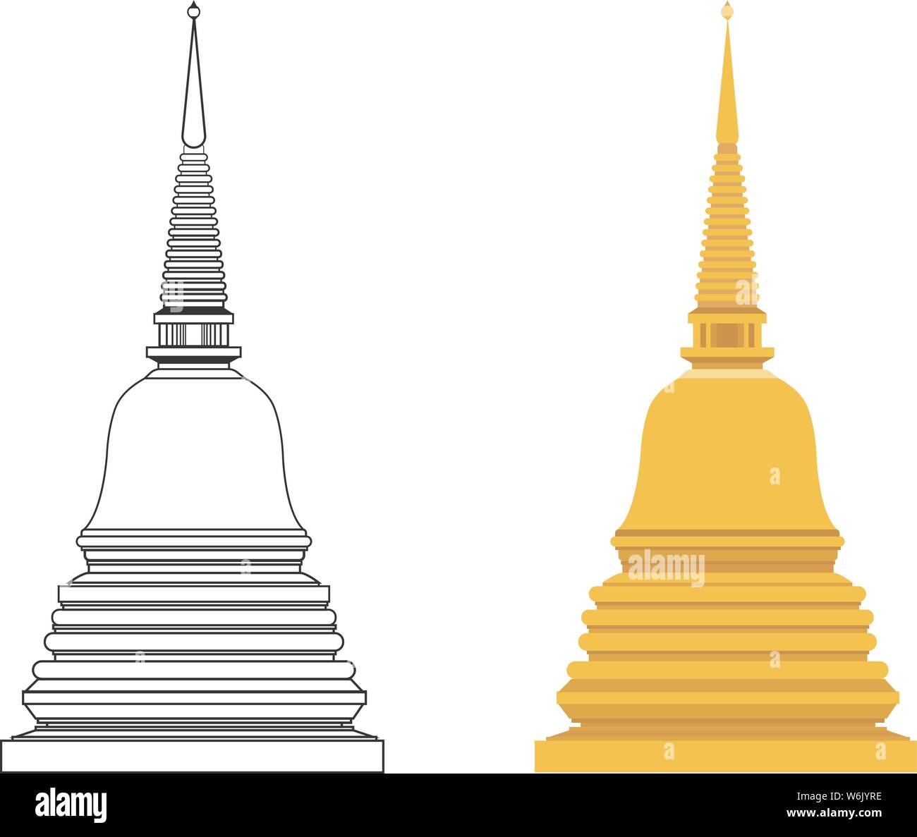Golden pagoda et contours télévision scénario avec fond blanc isolé.symbole de construction bouddhiste Illustration de Vecteur