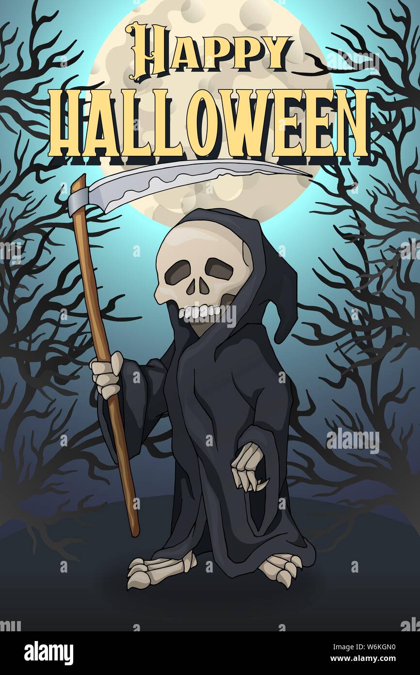 Happy Halloween carte postale modèle. Squelette humain personnage Illustration de Vecteur