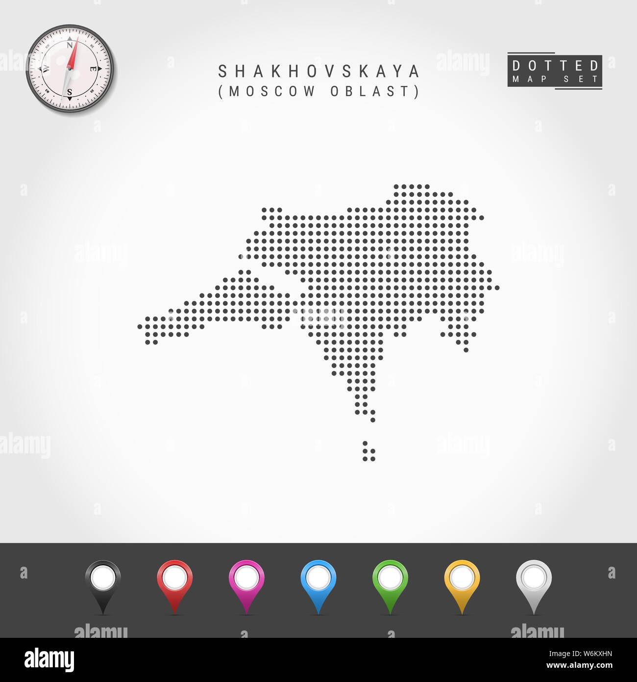 Carte des points vectoriels Shakhovskaya, oblast de Moscou. Vector Compass. Les broches carte multicolore Illustration de Vecteur