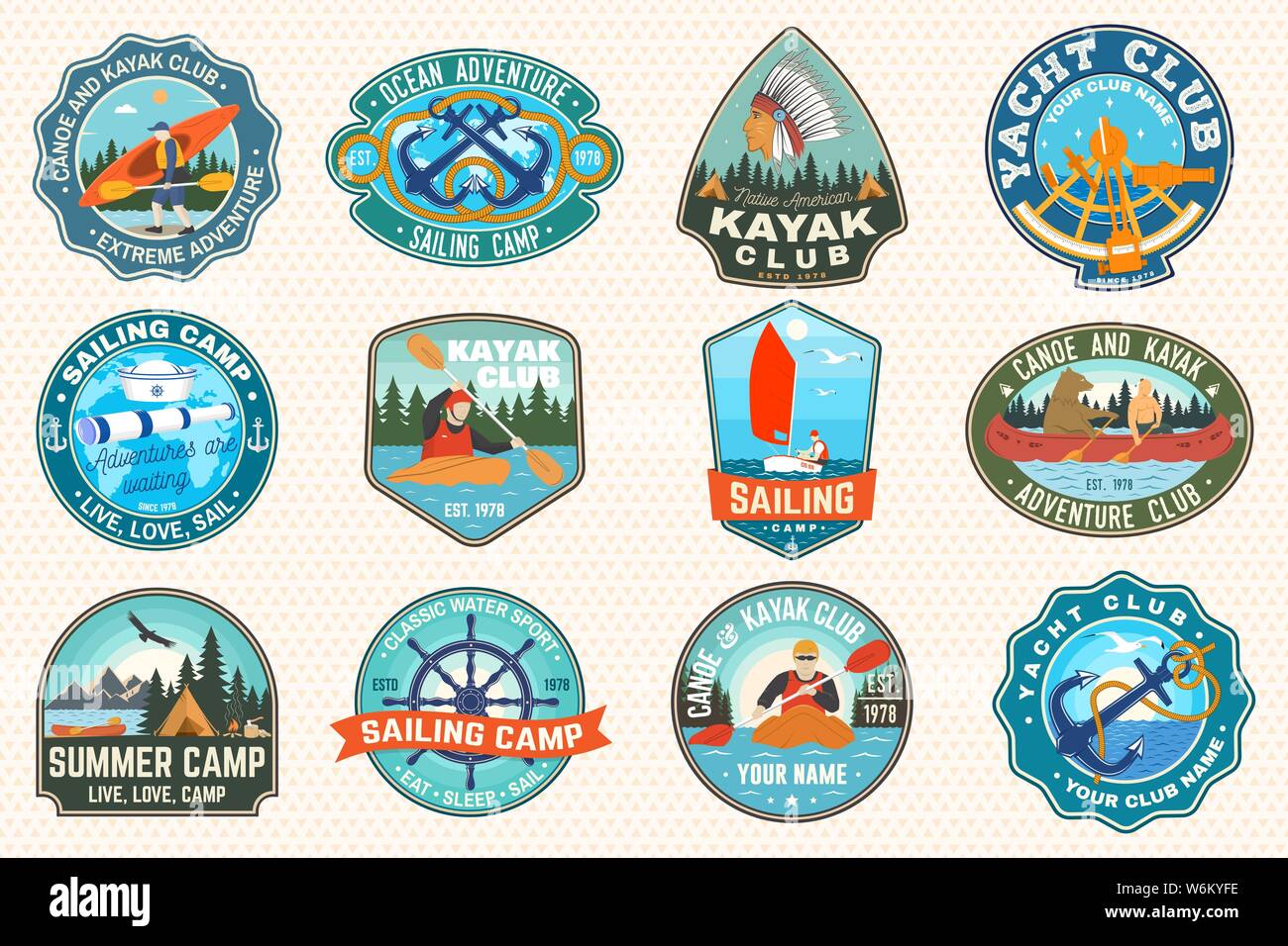 Camp de voile, de canoë et kayak club de correctifs. Vecteur. Concept pour chemise, imprimer, stamp ou tee. Conception avec ancres flottantes, roue, la voile et la rivière, la kayakiste silhouette. Eau extrême sport. Illustration de Vecteur