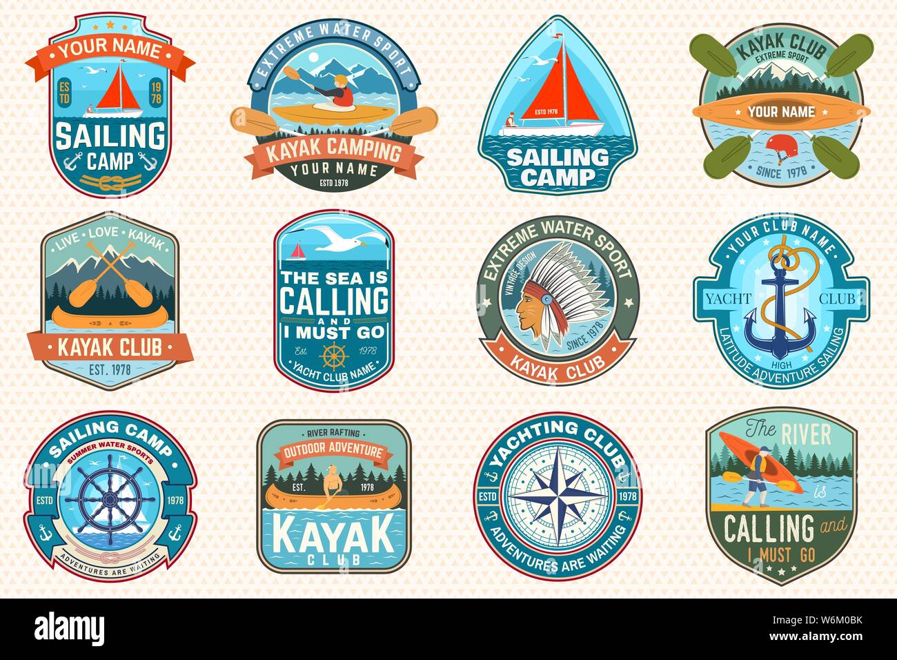 Camp de voile, de canoë et kayak club de correctifs. Vecteur. Concept pour chemise, imprimer, stamp ou tee. Conception avec ancres flottantes, roue, la voile et la rivière, la kayakiste silhouette. Eau extrême sport. Illustration de Vecteur