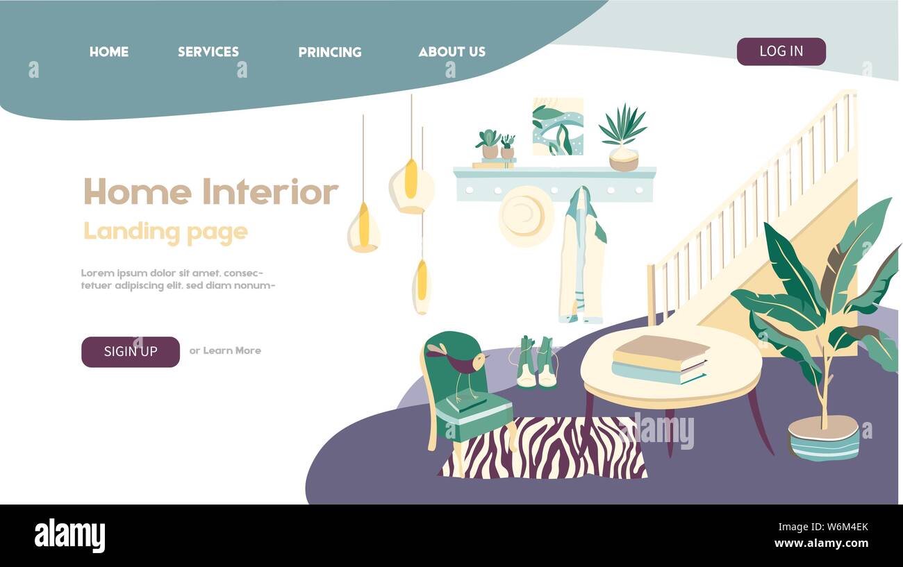 Modèle de conception de page d'atterrissage. Page d'accueil. Le design intérieur et la décoration des concepts. Éléments de home intérieur canapé, lampe de plancher et de peintures. Vector Illustration de Vecteur
