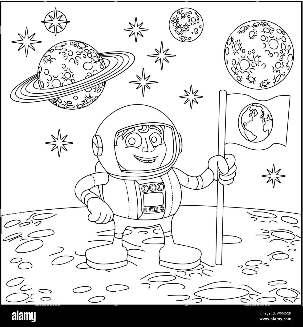 L'astronaute de l'espace scène Cartoon sur lune Illustration de Vecteur