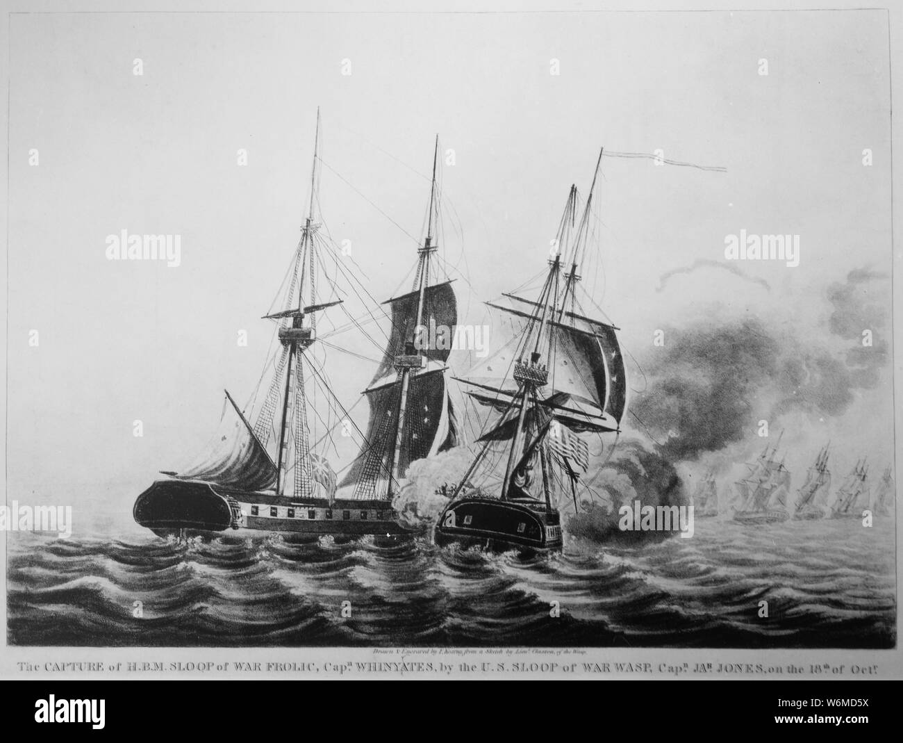 La capture de J.P.M. Sloop de guerre Frolic, le capitaine Whinyates, par les États-Unis de la guerre Sloop Wasp, commandant de la CPR. Jones, le 18 octobre, 1812. Copie de l'impression par F. Kearny du croquis par le Lieutenant Claxton., 1931 - 1932 ; notes générales : utiliser la guerre et les conflits le numéro 79 lors de la commande d'une reproduction ou demande d'informations sur cette image. Banque D'Images