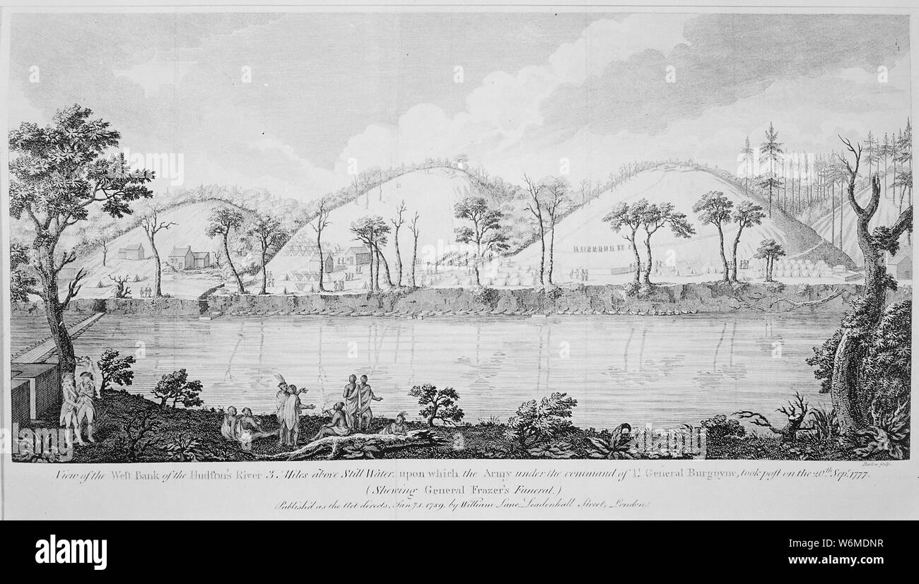 La rive ouest de la rivière Hudson 3 milles au-dessus de l'eau encore, sur laquelle l'armée sous le commandement du Lieutenant Général Burgoyne s post le 20 septembre, 1777 ; * légende originale : sculptures de Barlow. / Vues de l'west hudson la Banque de la rivière du 3. Milles au-dessus de l'eau encore : sur laquelle l'armée sous le commandement du Lieutenant Général Burgoyne, s'post sur le 20 septembre 1777 / (montrant le Général Fraser's Funeral) / publiée sous la loi. Jany 1. 1789. par William Lane Leadenhall Street, Londres * Une autre impression : voyages à l'intérieur des régions de l'Amérique : Dans une série de lettres / Thomas Anburey. Banque D'Images