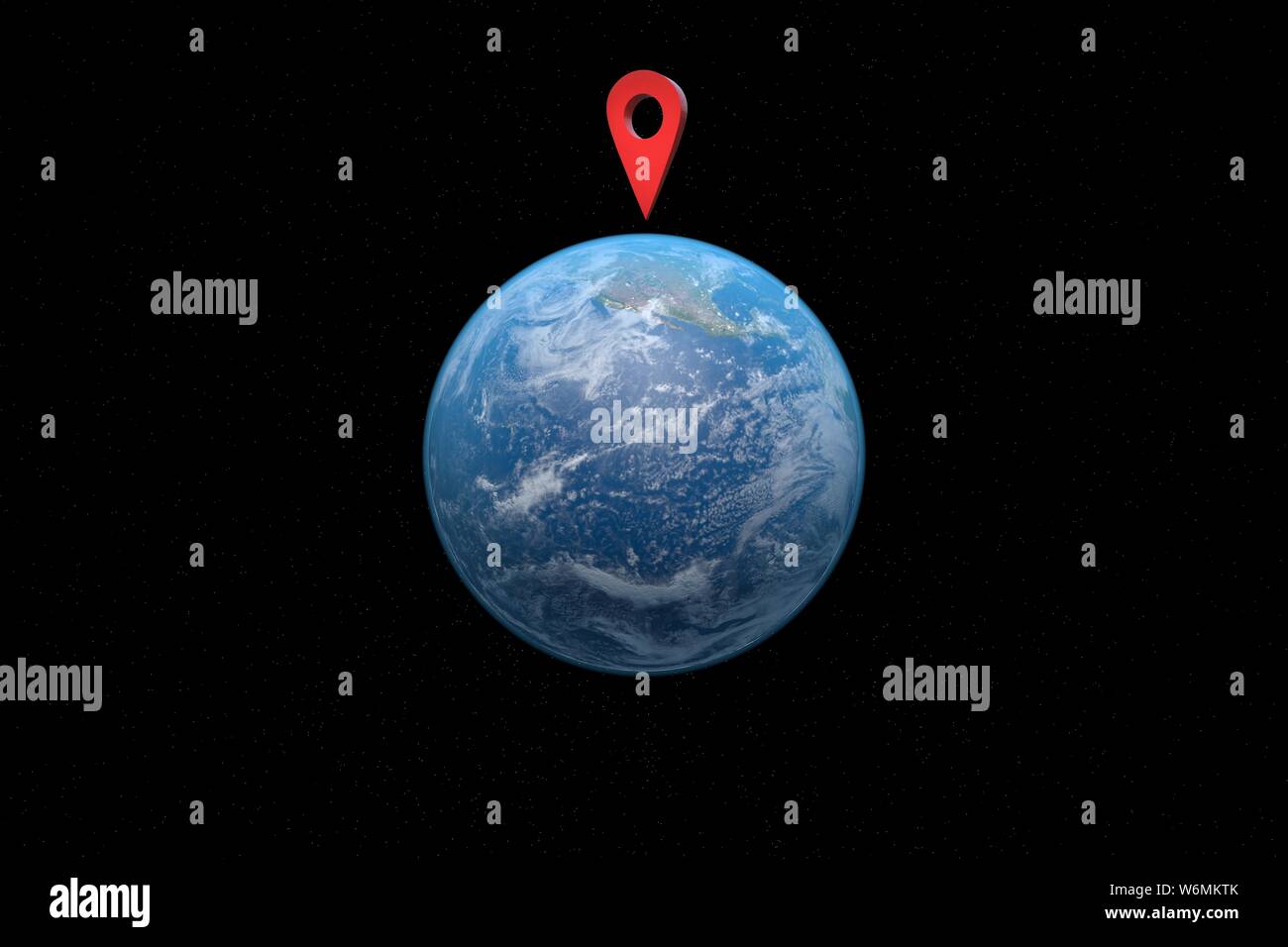 3d illustration : carte rouge pointeur gps points symbole sur le continent américain. Vue de la planète bleue - la terre de l'espace par rapport aux étoiles Banque D'Images