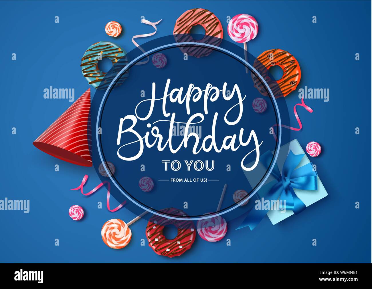 Joyeux anniversaire vector typographie design. Joyeux anniversaire texte en châssis circulaire avec l'espace vide pour le message et colorée des éléments comme les beignes parti Illustration de Vecteur