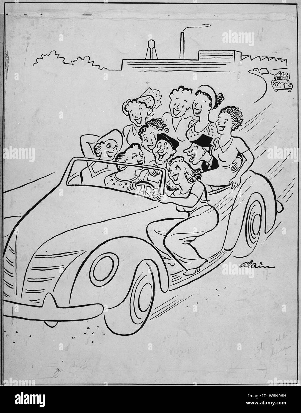 Vous êtes l'homme, Jones, qui a dit que le covoiturage ne serait pas !, ca. 1943 - ca. 1943 ; notes générales : utilisation de la guerre et des conflits Nombre 796 lors de la commande d'une reproduction ou demande d'informations sur cette image. Caricature sur le covoiturage sur le front pendant la Seconde Guerre mondiale. Montre 2 hommes et 8 femmes entassés dans une voiture ouverte ; toutes sont heureux d'expressions. L'un des hommes dit à l'autre vous êtes l'homme, Jones, qui a dit que le covoiturage ne serait pas ! Banque D'Images