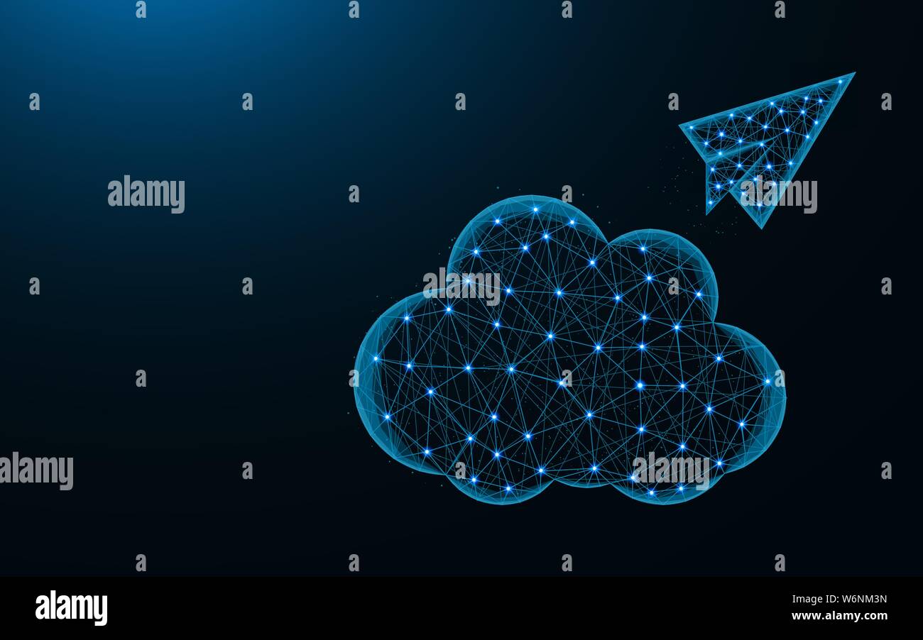 Avion en papier et de nuages bas, cloud design poly l'envoi d'image géométrique abstraite, SEO wireframe polygonal mesh vector illustration faite à partir de points d'un Illustration de Vecteur