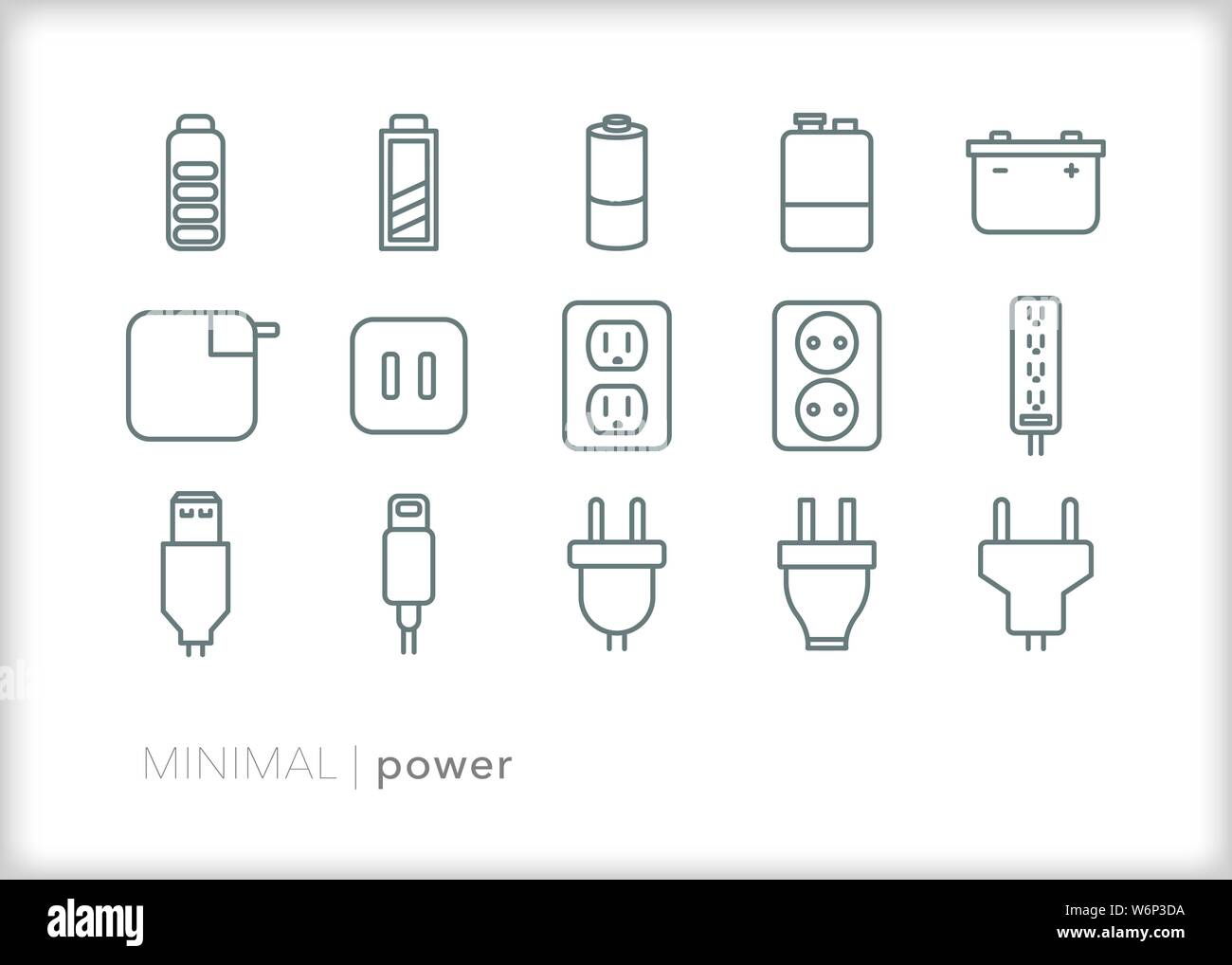 Ensemble de 15 icônes de la ligne d'alimentation pour l'électronique de chargement ou de brancher des appareils électriques et les articles Illustration de Vecteur