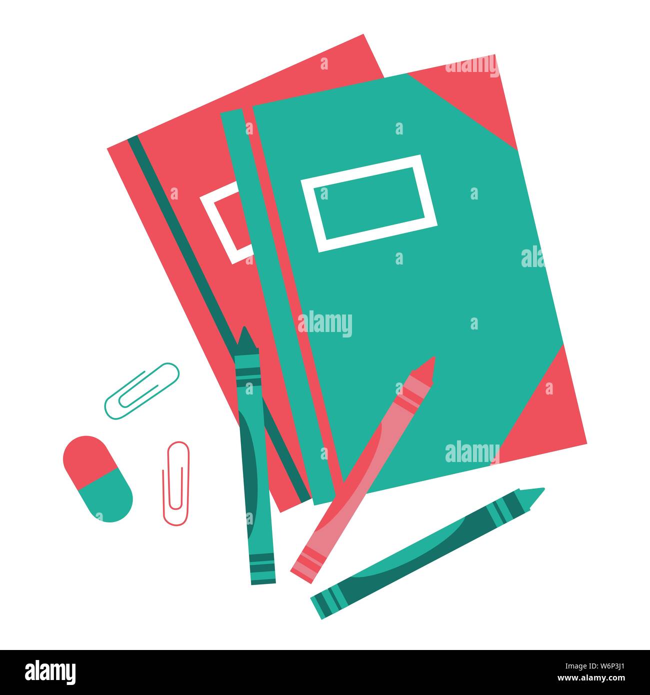 Illustrations de l'ensemble cahier de l'école, de crayons et des trombones, isolé sur fond blanc - vector Illustration de Vecteur