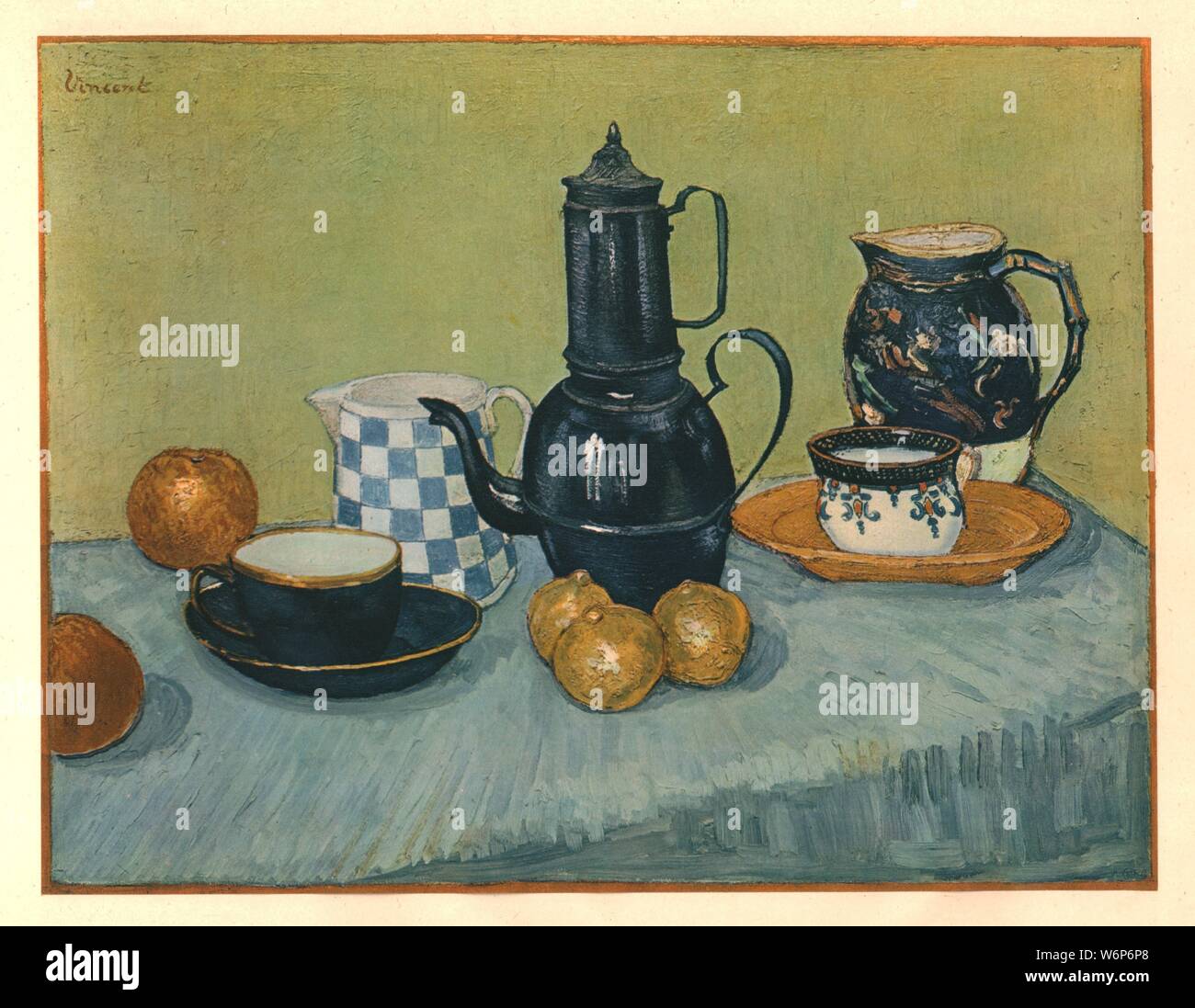 "La vie avec cafetière en émail bleu, argile et Fruit', mai 1888, (1947). La peinture dans une collection privée. À partir de "Vincent Van Gogh", par Ludwig Goldscheider et Wilhelm Uhde. [Phaidon Press Ltd, Londres et Oxford, 1947] Banque D'Images