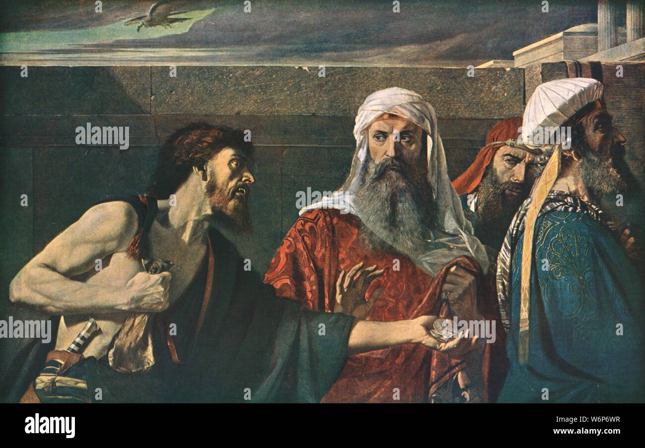 "Le remords de Judas', 1866, c1930). Scène biblique : Judas essaie de donner en retour les trente pièces d'argent qu'il a été payé à trahir le Christ. La peinture à la Tate Gallery, Londres. À partir de "chefs-d'art britannique moderne". [L'Amalgamated Press Ltd., Londres, c1930] Banque D'Images