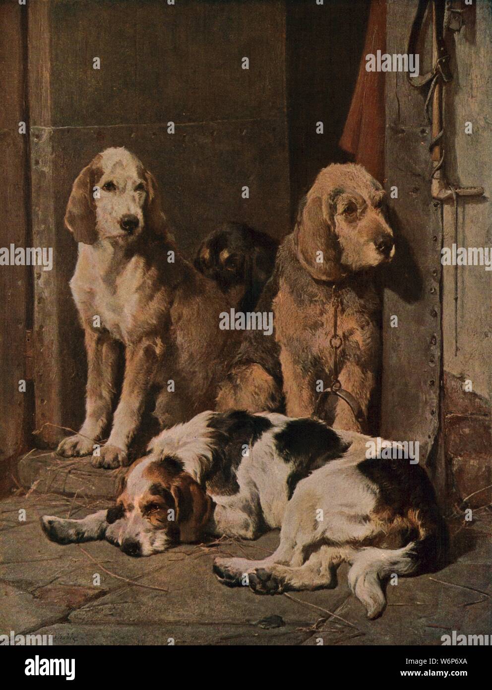 'Prêt à l'emploi, fin du 19e siècle, (c1930). Les chiens de ferme dans une porte. À partir de "chefs-d'art britannique moderne". [L'Amalgamated Press Ltd., Londres, c1930] Banque D'Images